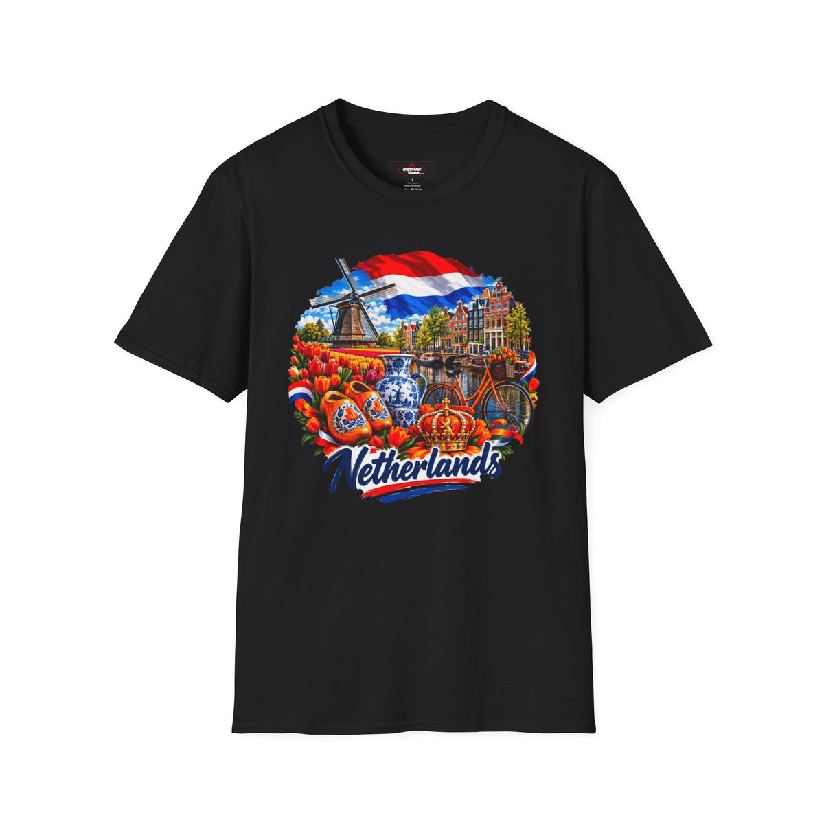 Netherlands Souvenir T-Shirt — Dutch Windmill, Tulips & Flag Design