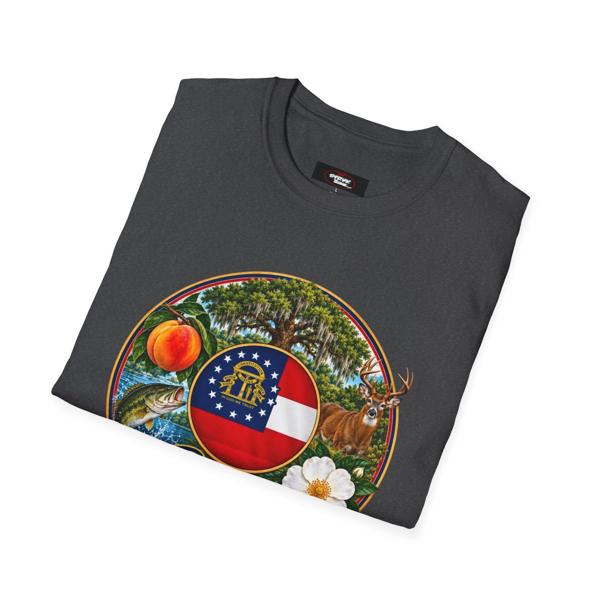 Georgia State Emblem T-Shirt – Peach, Magnolia & Flag Design