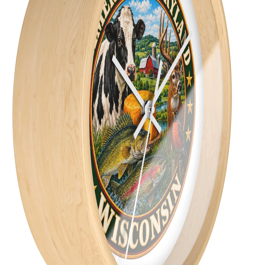 Wisconsin Wall Clock — "America's Dairyland" Rustic Farm & Wildlife Clock