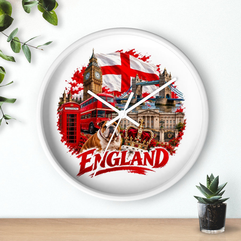 England Wall Clock – British Landmarks, Bulldog & St. George Flag Home Decor