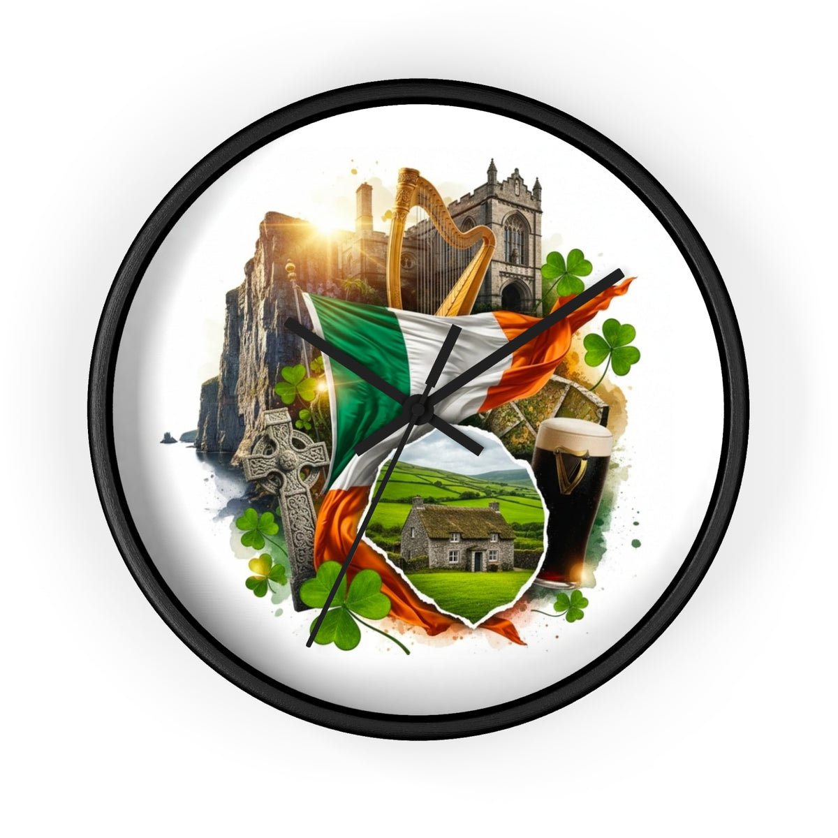 Irish Heritage Wall Clock — Celtic Flag, Shamrocks, Harp & Pub Pint Decor