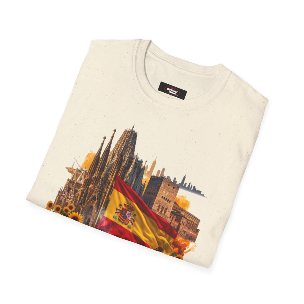 Spain Travel Collage T-Shirt — Paella, Guitar & Spanish Flag Graphic Tee