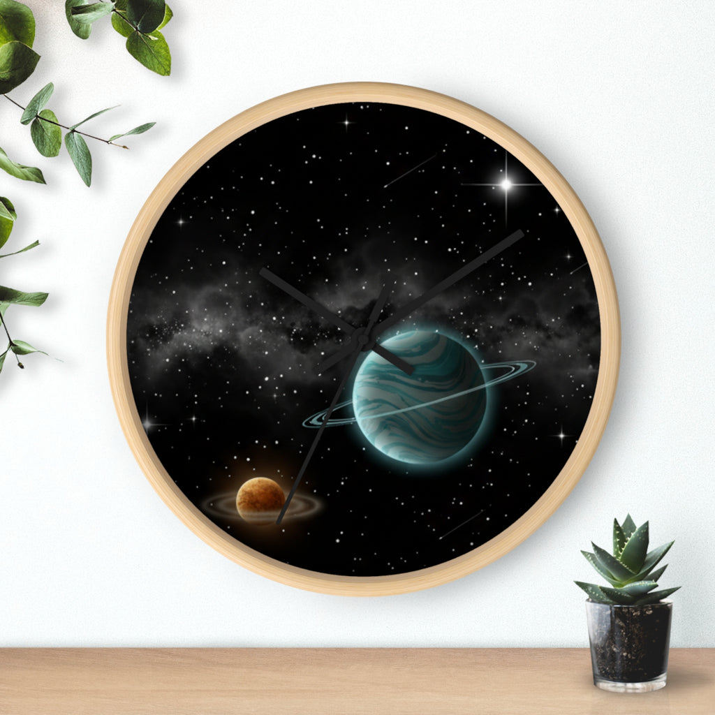 Space Planet Wall Clock — Teal Ringed Planet & Starfield Decorative Clock