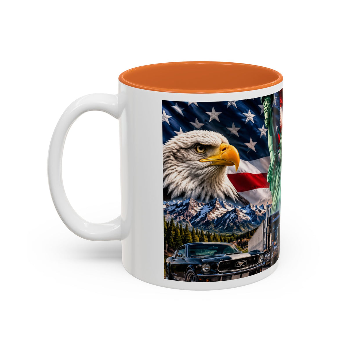 Patriotic USA Collage Mug — Statue of Liberty, Capitol & American Flag (Two-Tone)