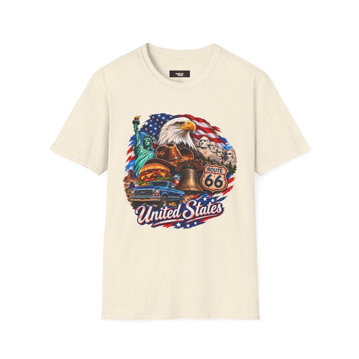 United States Patriotic T-Shirt — Bald Eagle, Statue of Liberty & Route 66 Design