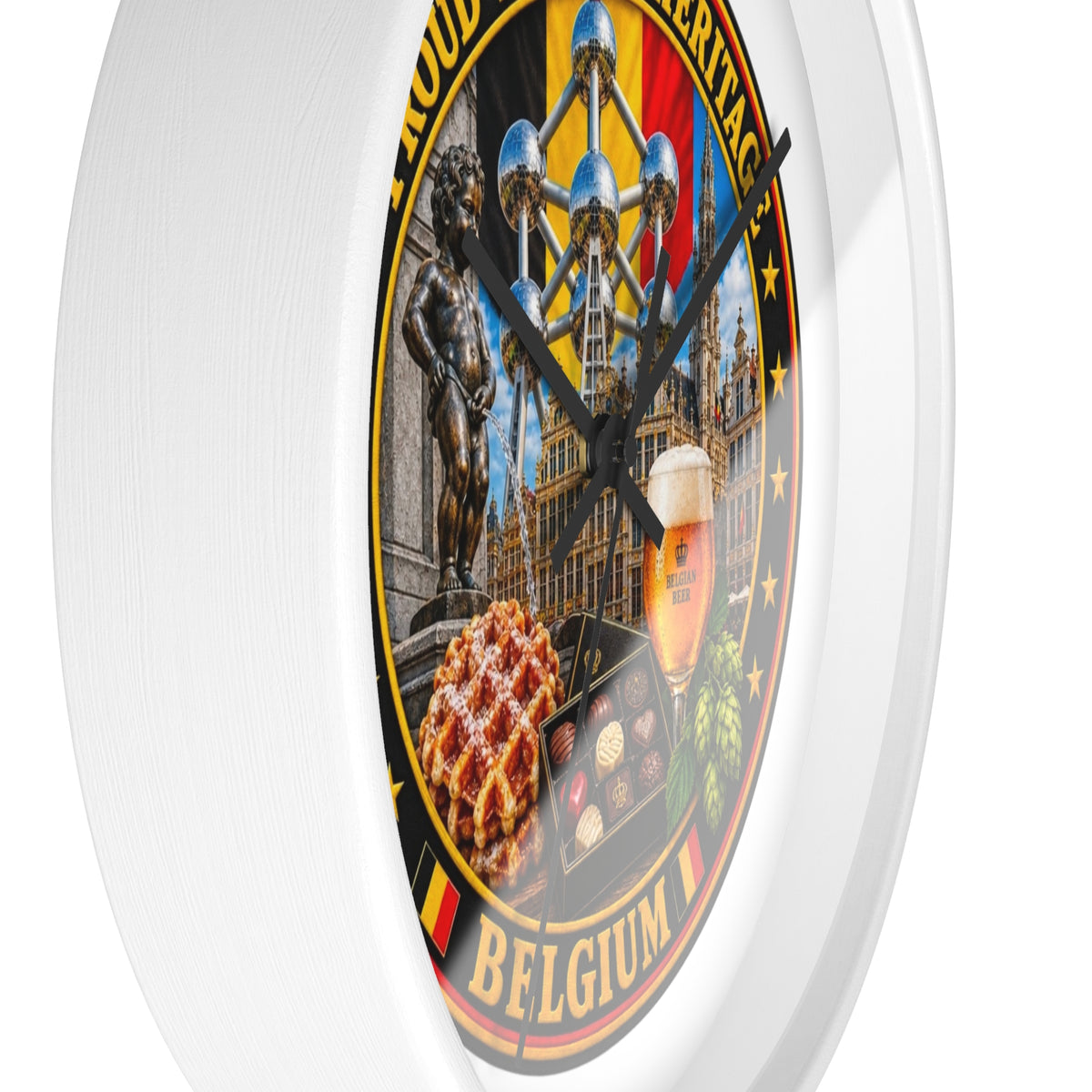 Belgium Heritage Wall Clock — Proud Belgian Icons (Atomium, Manneken Pis, Waffle, Beer)