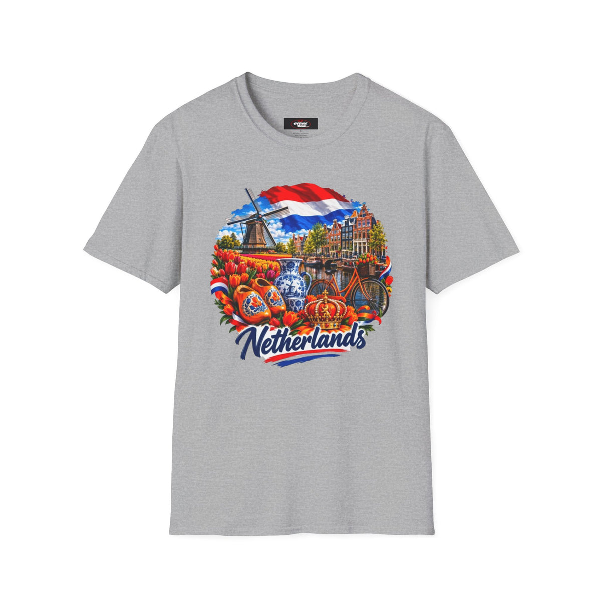 Netherlands Souvenir T-Shirt — Dutch Windmill, Tulips & Flag Design