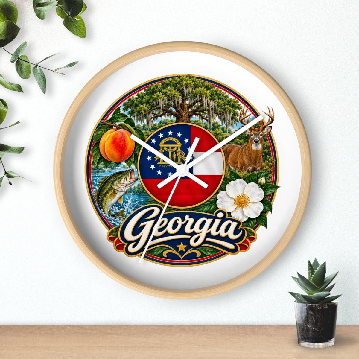 Georgia State Emblems Wall Clock — Peach, Magnolia & Outdoors Decorative Clock