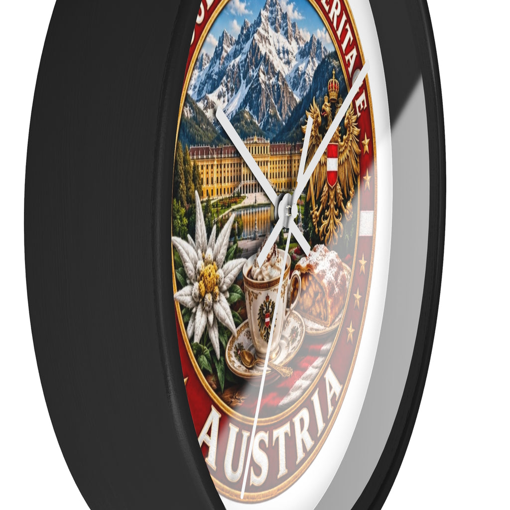 Austria Heritage Wall Clock — Proud Austrian Mountains & Coffee Scene