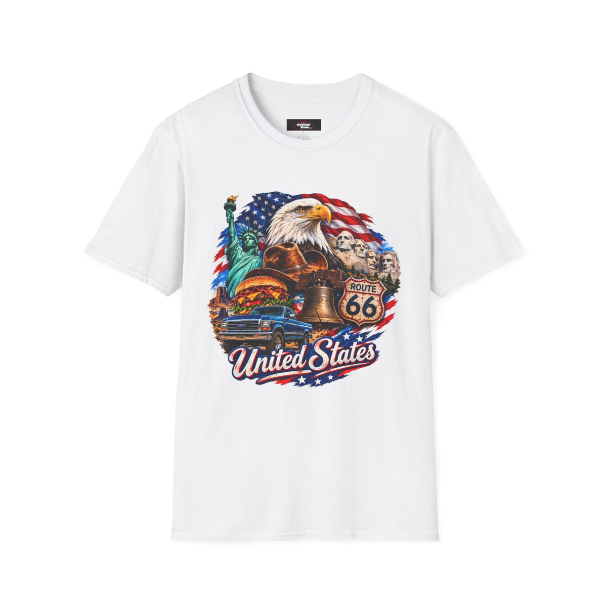 United States Patriotic T-Shirt — Bald Eagle, Statue of Liberty & Route 66 Design