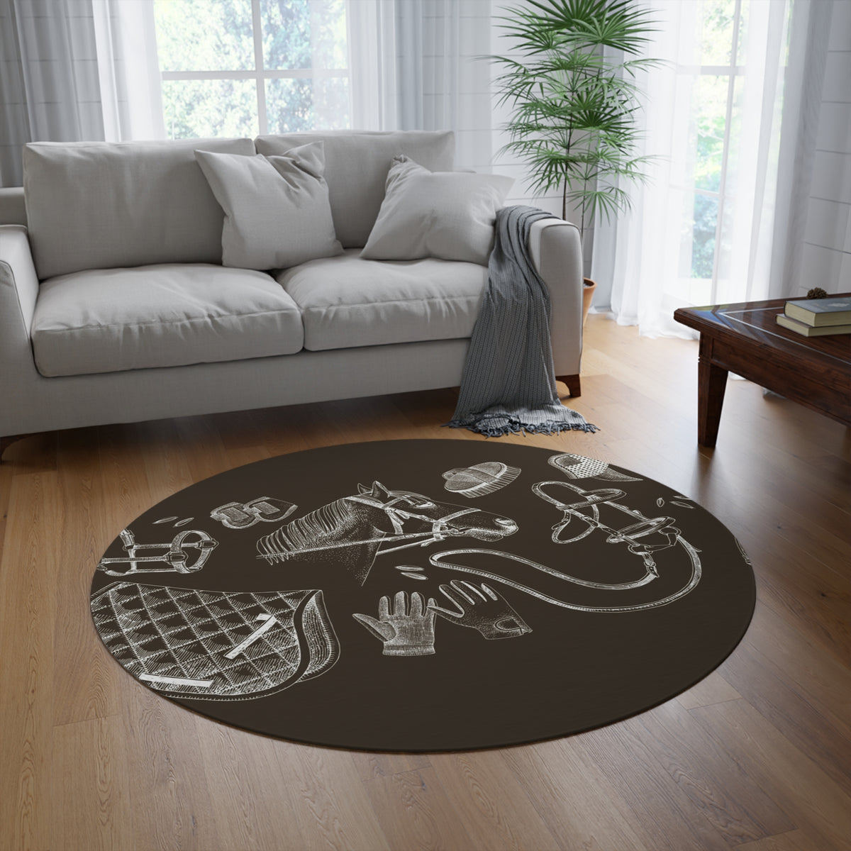 Equestrian Chalkboard Round Rug — Horse Tack Pattern Floor Mat