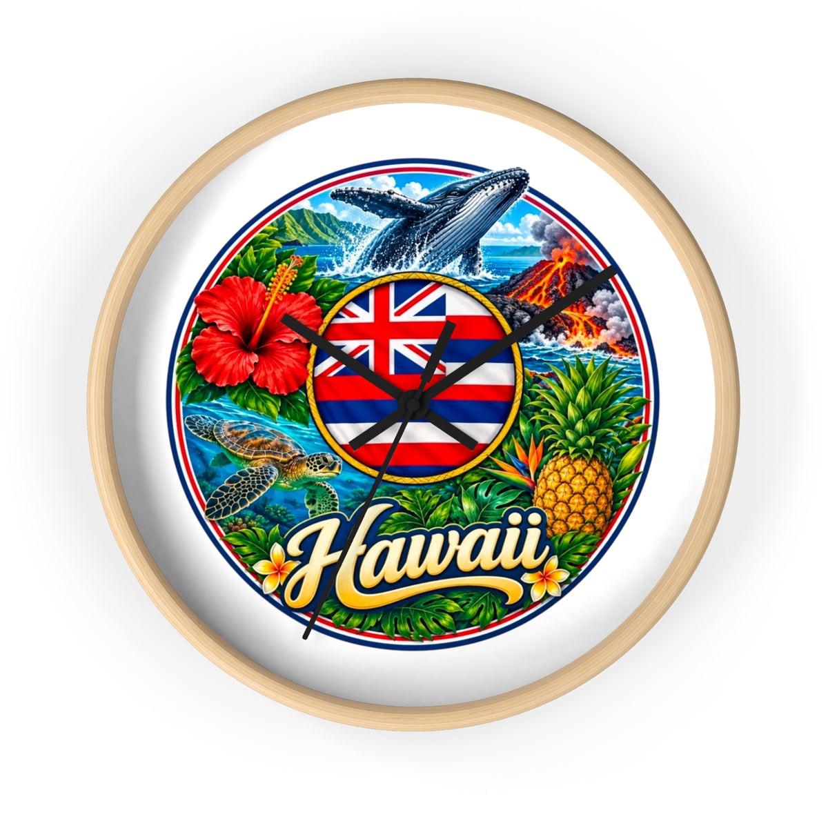 Hawaii Tropical Souvenir Wall Clock — Hawaiian Flag, Hibiscus, Pineapple & Whale Design