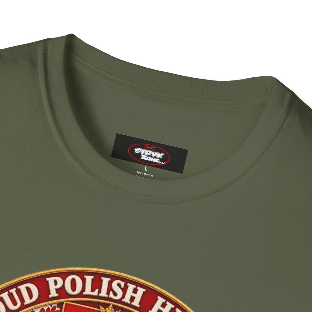 Poland Pride T-Shirt — "Proud Polish Heritage" Circle Crest with White Eagle and Floral Motif