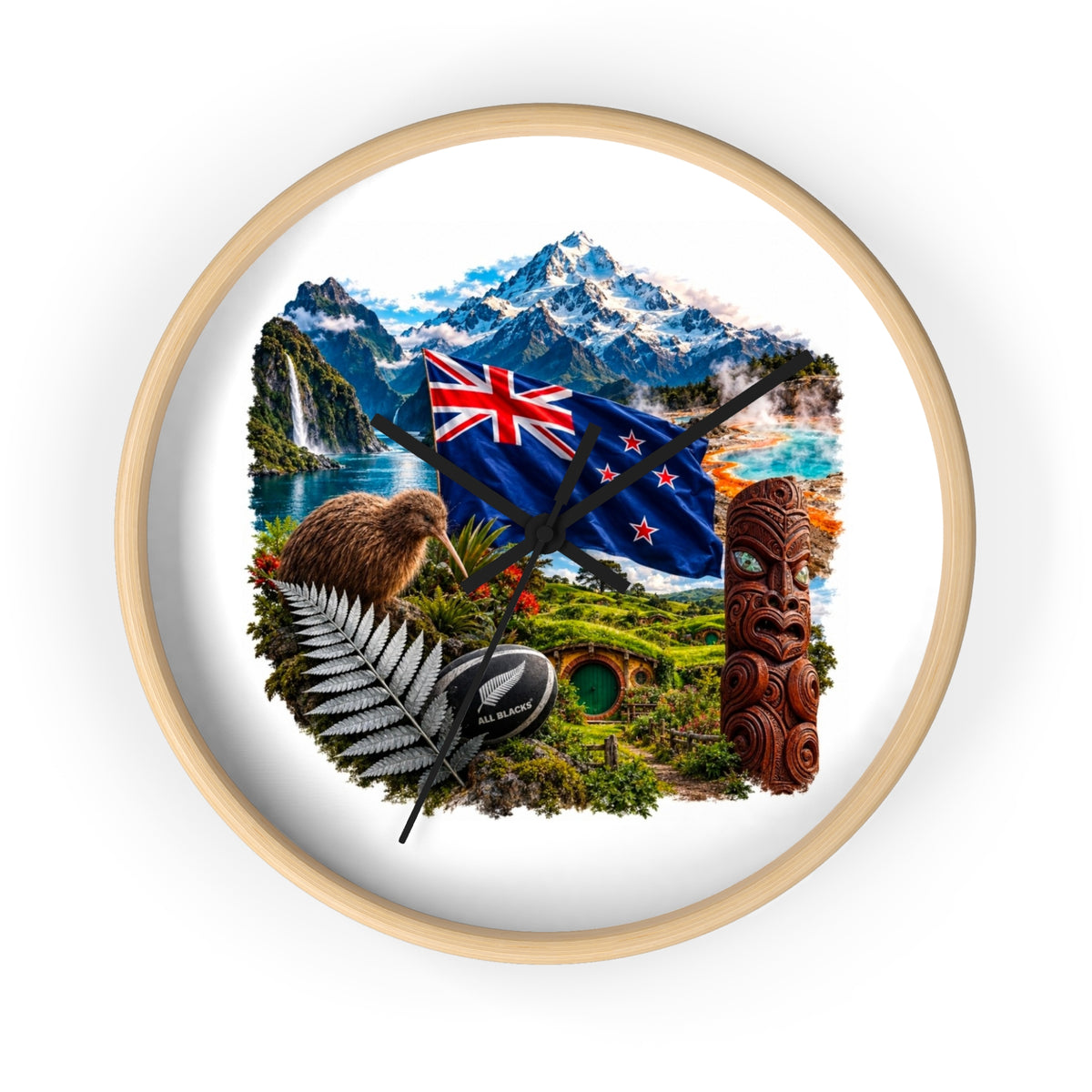 New Zealand Heritage Wall Clock — Kiwi, Silver Fern & Māori Tiki Design