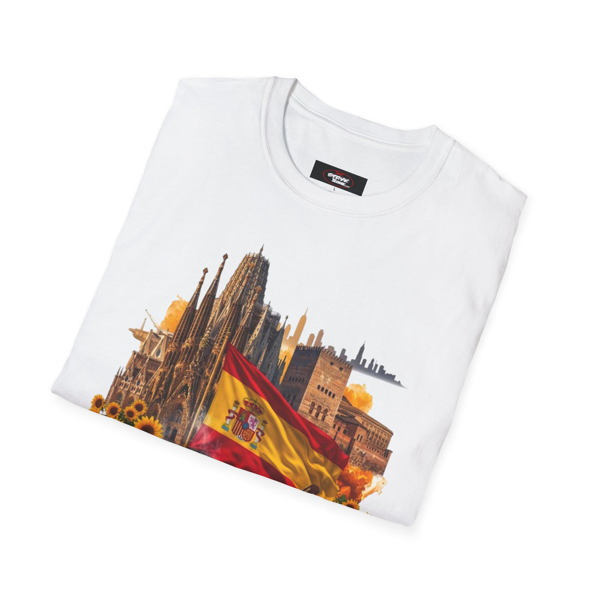 Spain Travel Collage T-Shirt — Paella, Guitar & Spanish Flag Graphic Tee