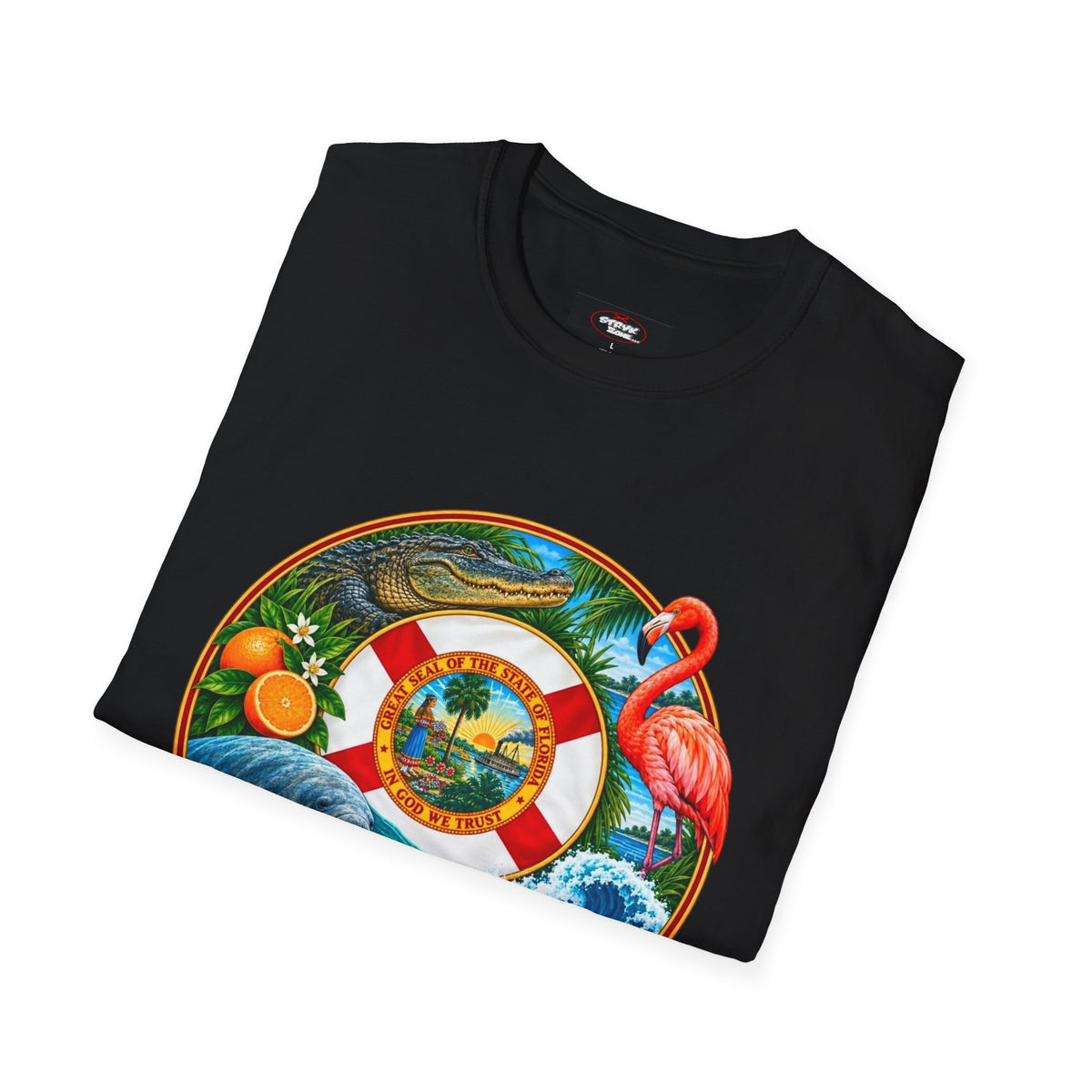 Florida Vintage Lifesaver T-Shirt — Flamingo, Oranges & Ocean Graphic