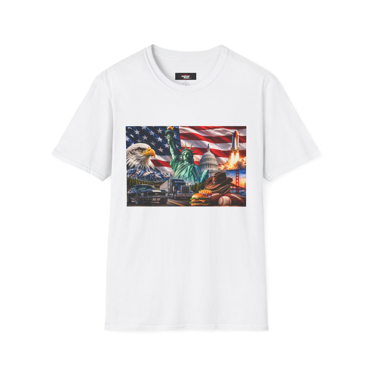 Patriotic USA Montage T-Shirt – Eagle, Statue of Liberty & American Flag Design