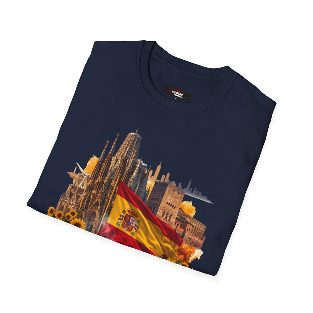 Spain Travel Collage T-Shirt — Paella, Guitar & Spanish Flag Graphic Tee