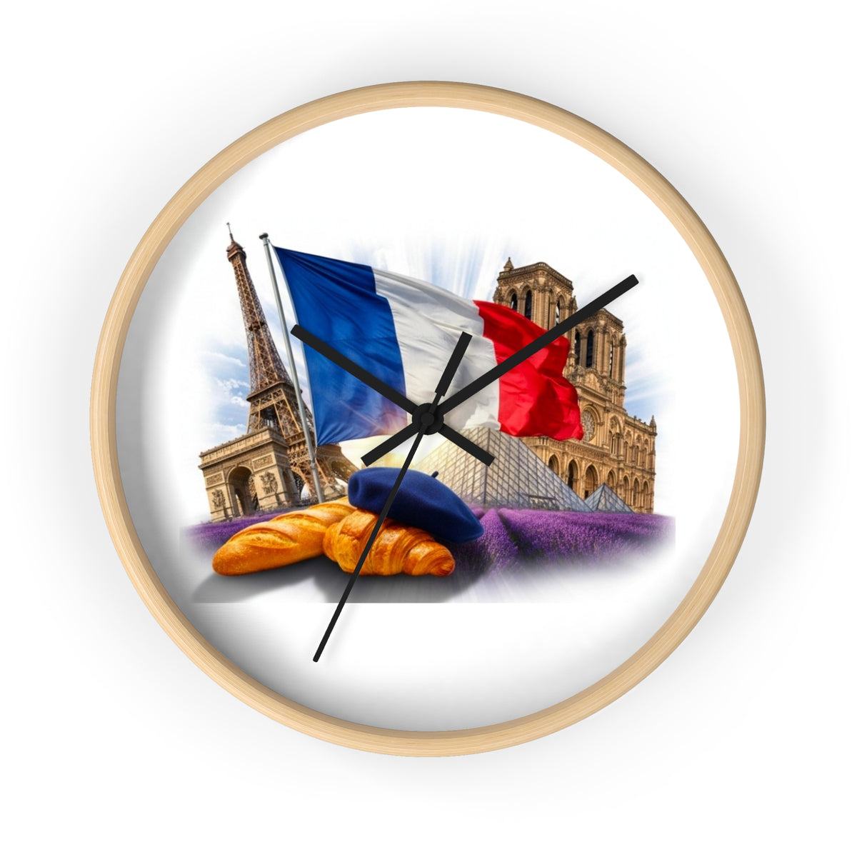 Paris France Wall Clock — Eiffel Tower, Notre-Dame & Croissant Clock