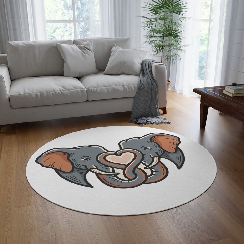 Elephant Heart Round Rug — Cute Elephant Couple Decorative Accent Rug