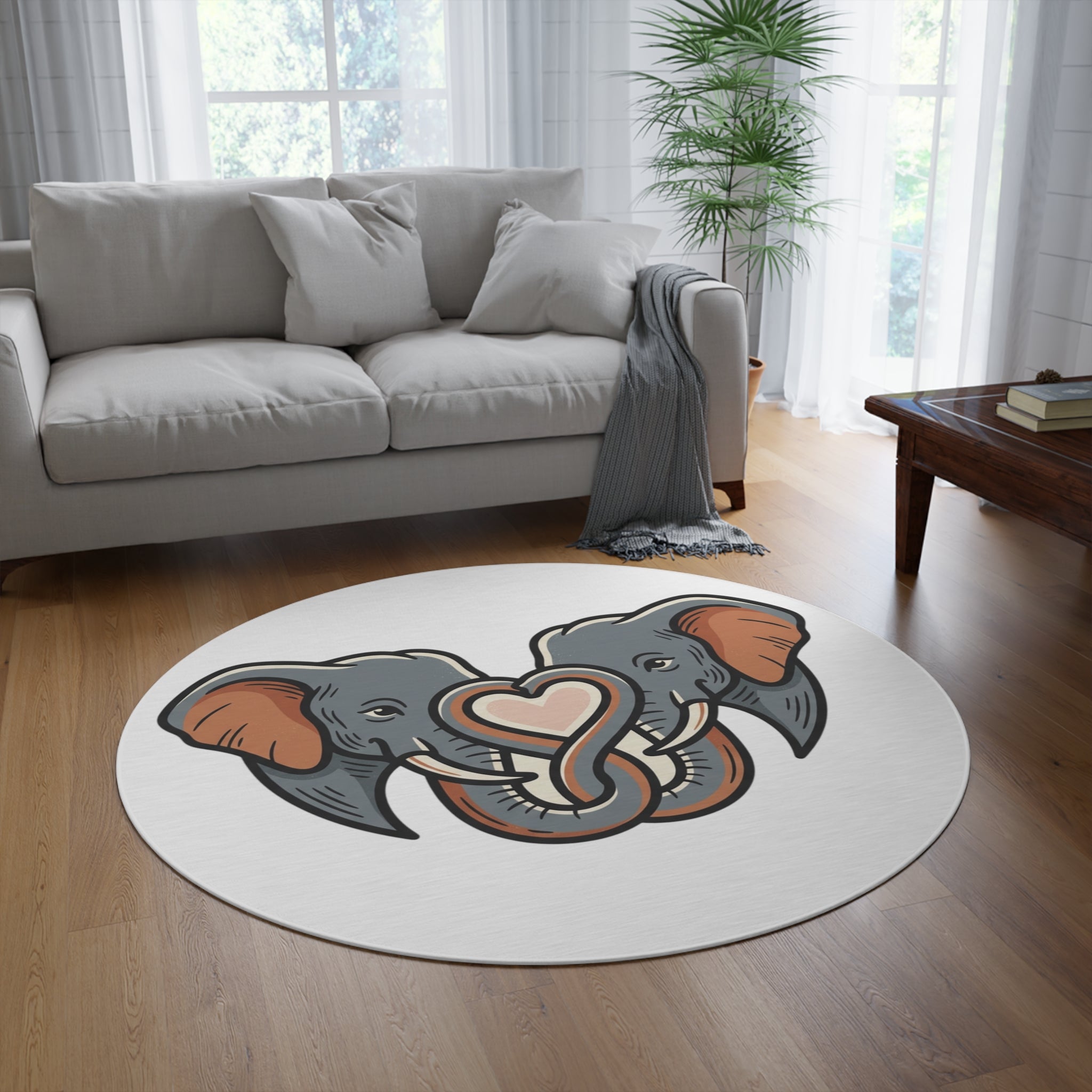 Elephant Heart Round Rug — Cute Elephant Couple Decorative Accent Rug