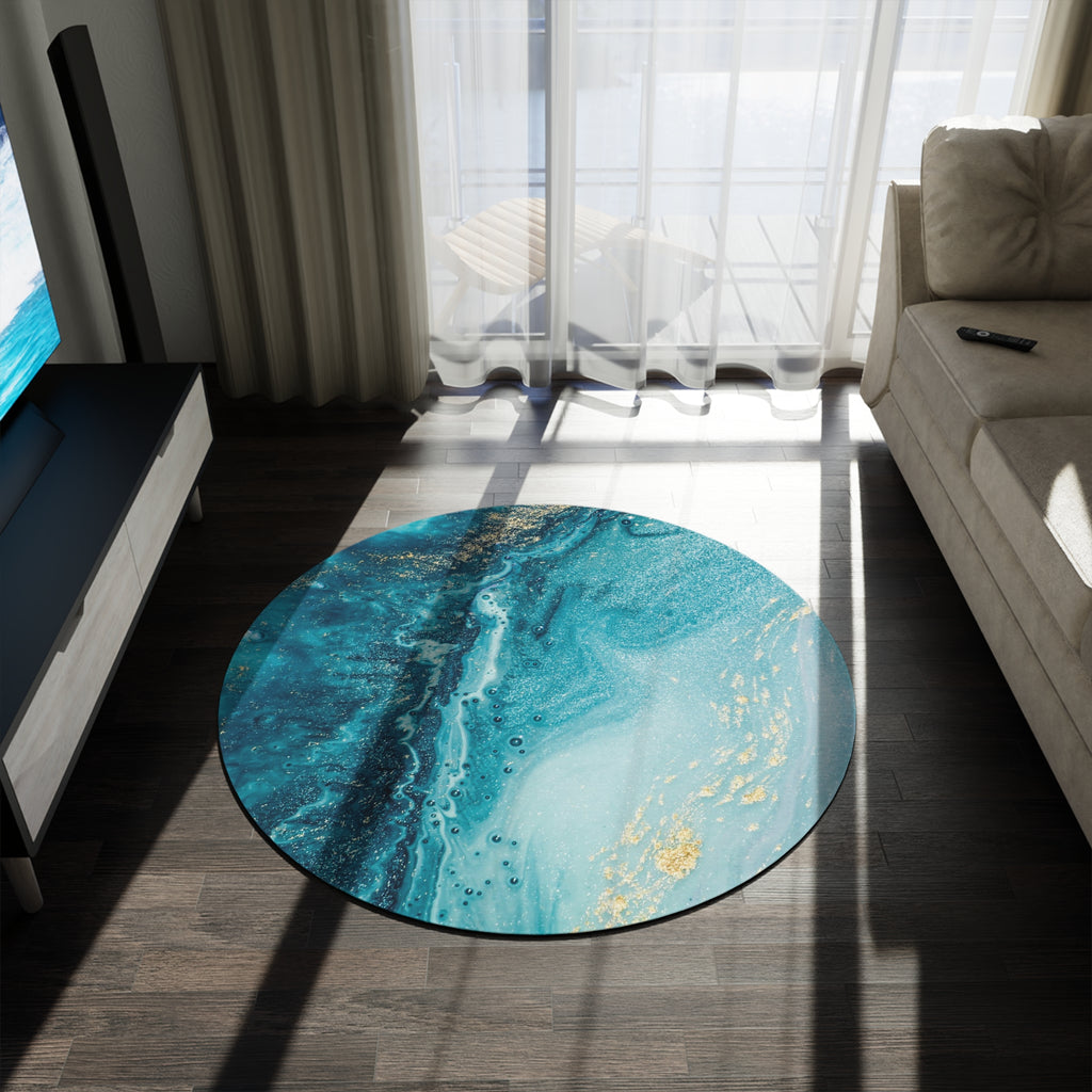 Teal Marble Round Rug – Ocean-Inspired Circular Area Rug with Gold Accents
