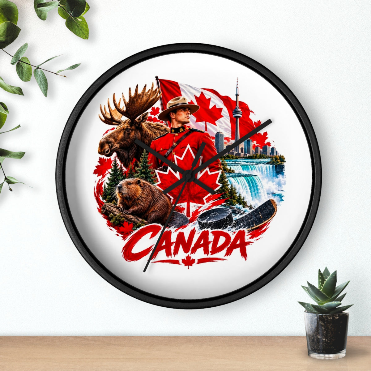 Canada Souvenir Wall Clock — Maple Leaf Moose, Bear & Mountie Collage
