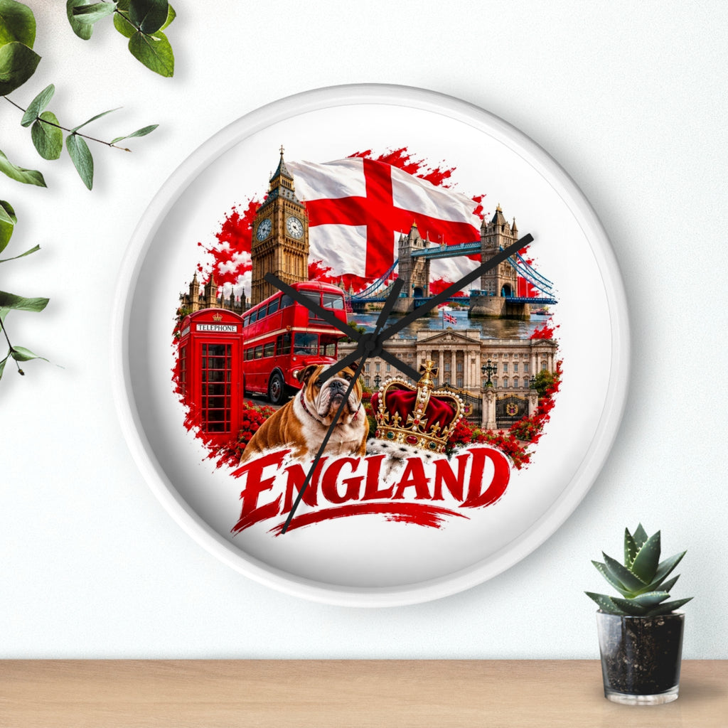 England Wall Clock – British Landmarks, Bulldog & St. George Flag Home Decor