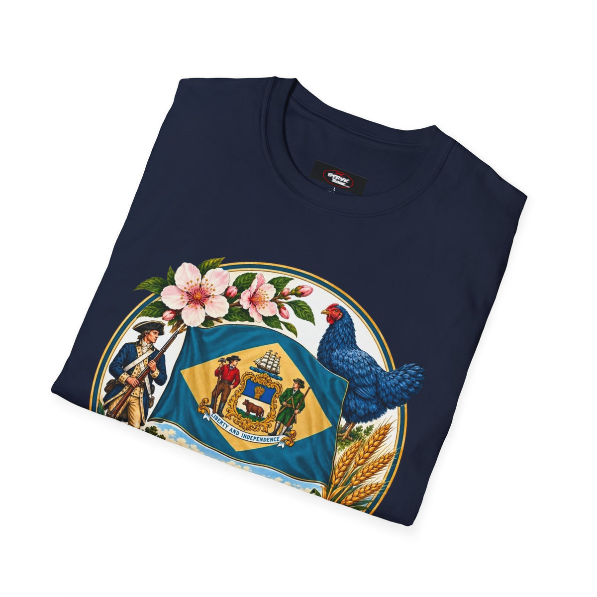 Delaware State Seal Vintage T-Shirt — Floral & Blue Hen State Emblem