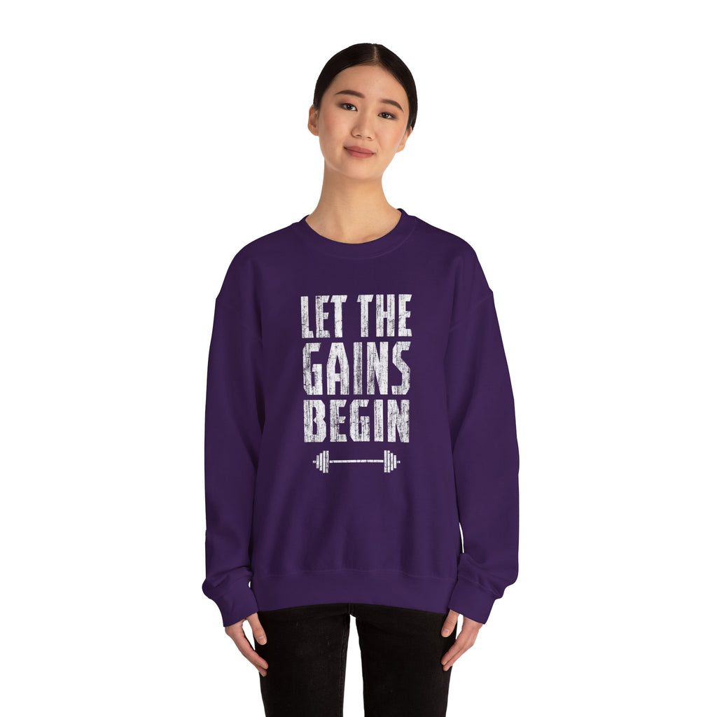 Motivated Muscle Gains graphic on a crewneck sweatshirt