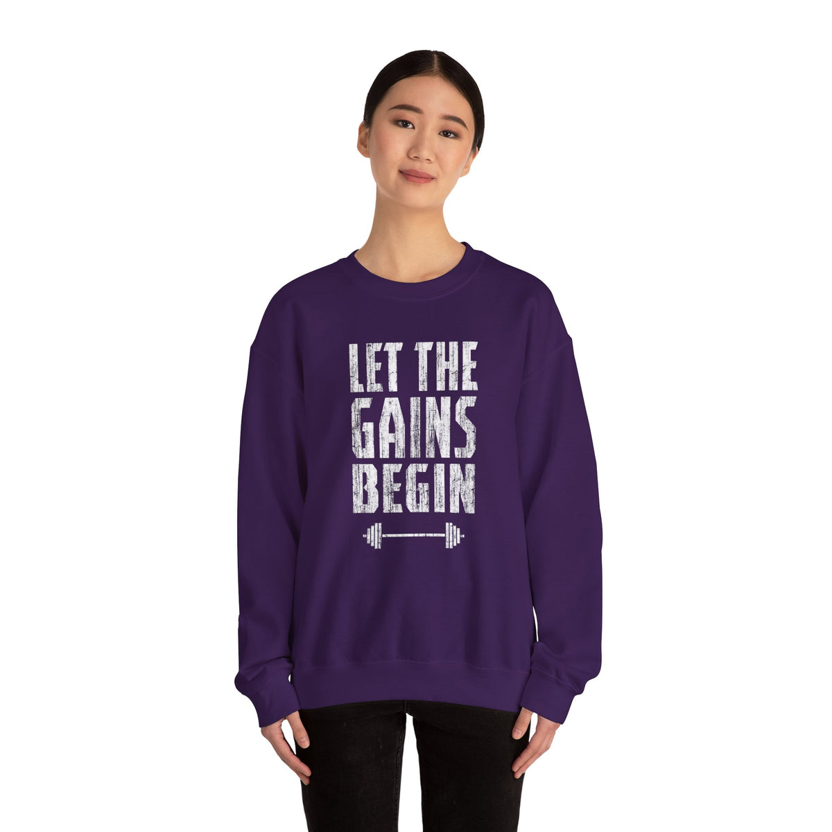 Motivated Muscle Gains graphic on a crewneck sweatshirt