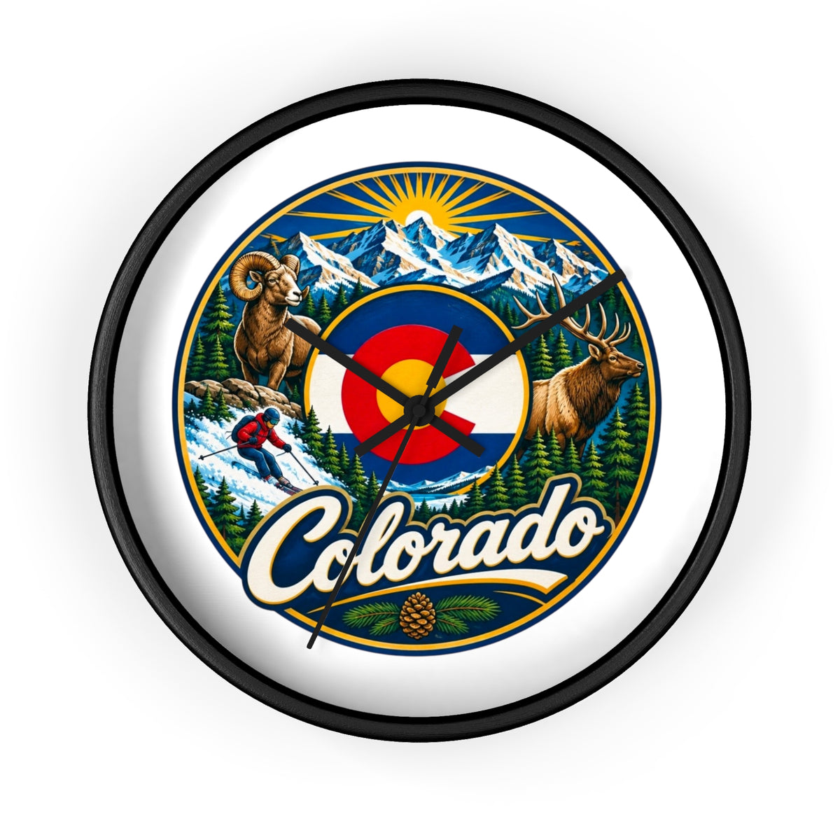 Colorado Mountain Scenic Wall Clock — Skiing, Elk & Bighorn Sheep Design