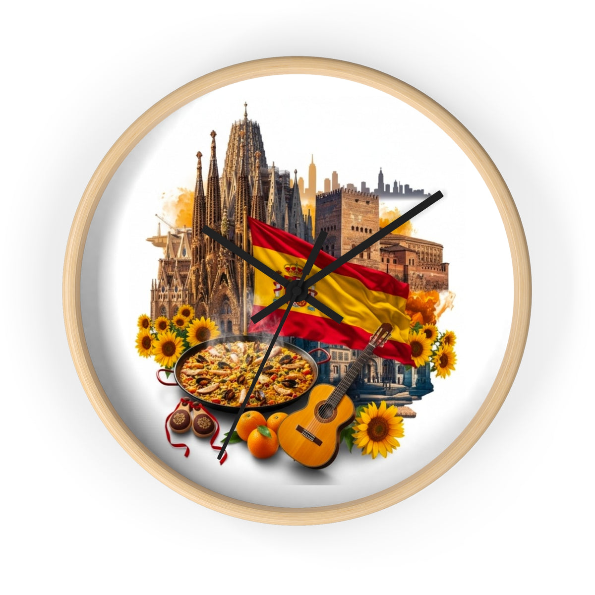 Spanish Culture Wall Clock — Paella, Guitar & Flag Home Décor