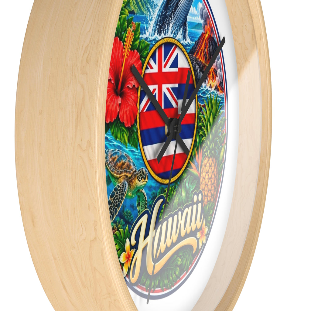 Hawaii Tropical Souvenir Wall Clock — Hawaiian Flag, Hibiscus, Pineapple & Whale Design