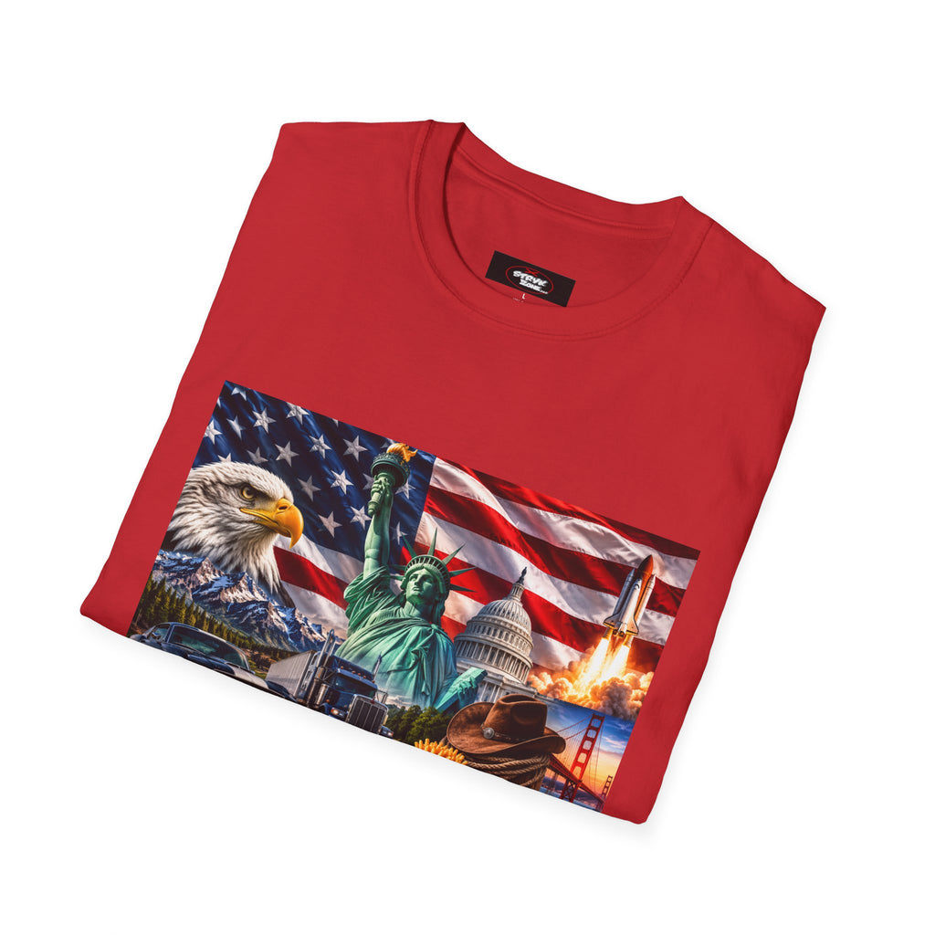 Patriotic USA Montage T-Shirt – Eagle, Statue of Liberty & American Flag Design