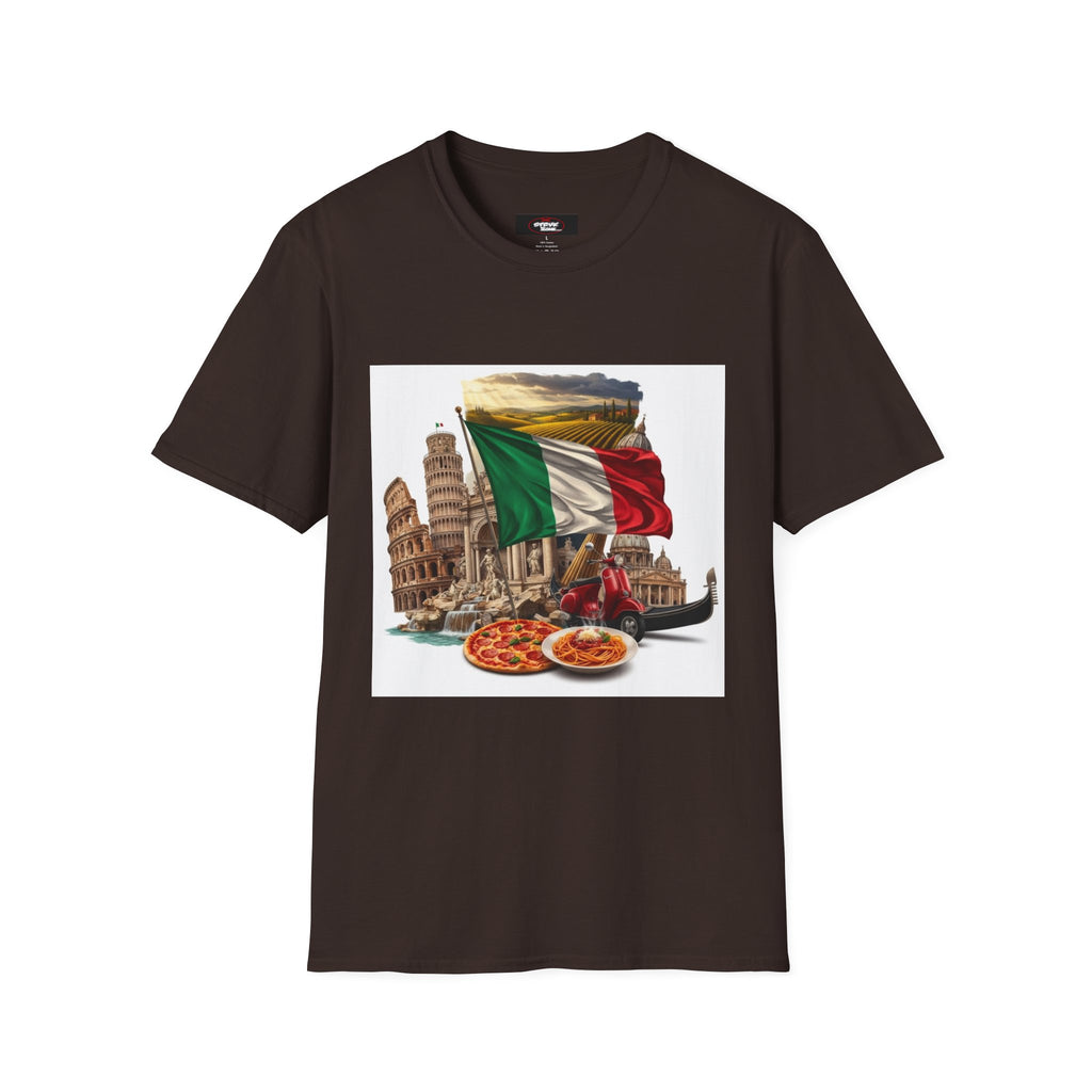 Italian Landmarks & Cuisine T-Shirt — Pizza, Colosseum & Flag Graphic