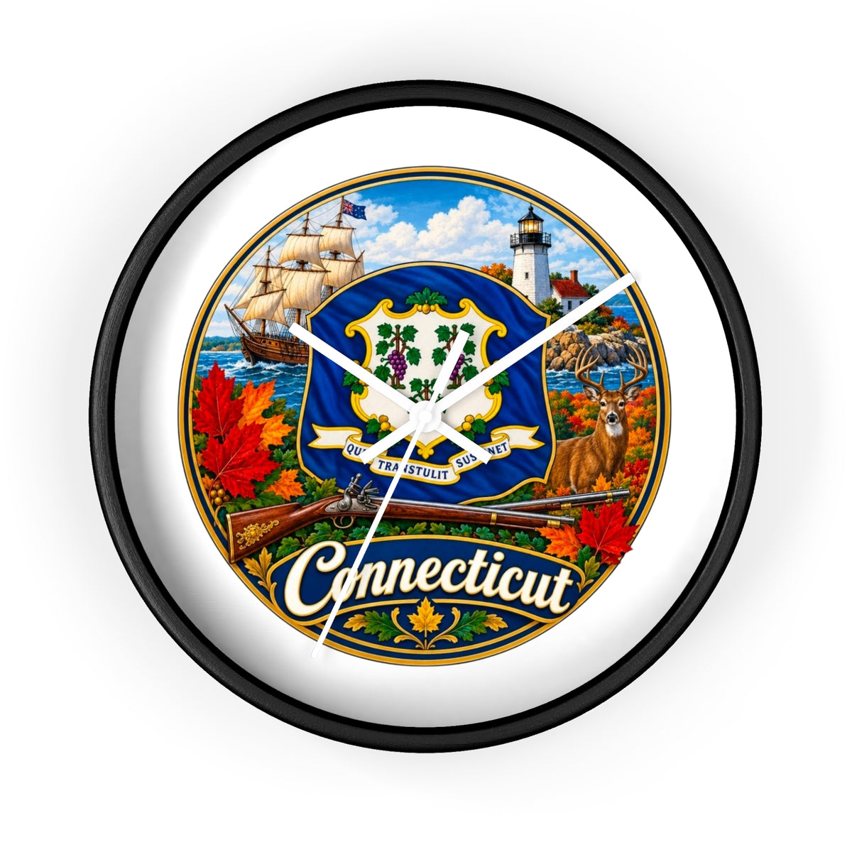 Connecticut State Emblem Wall Clock — Scenic Lighthouse, Ship & Maple Leaf Decor