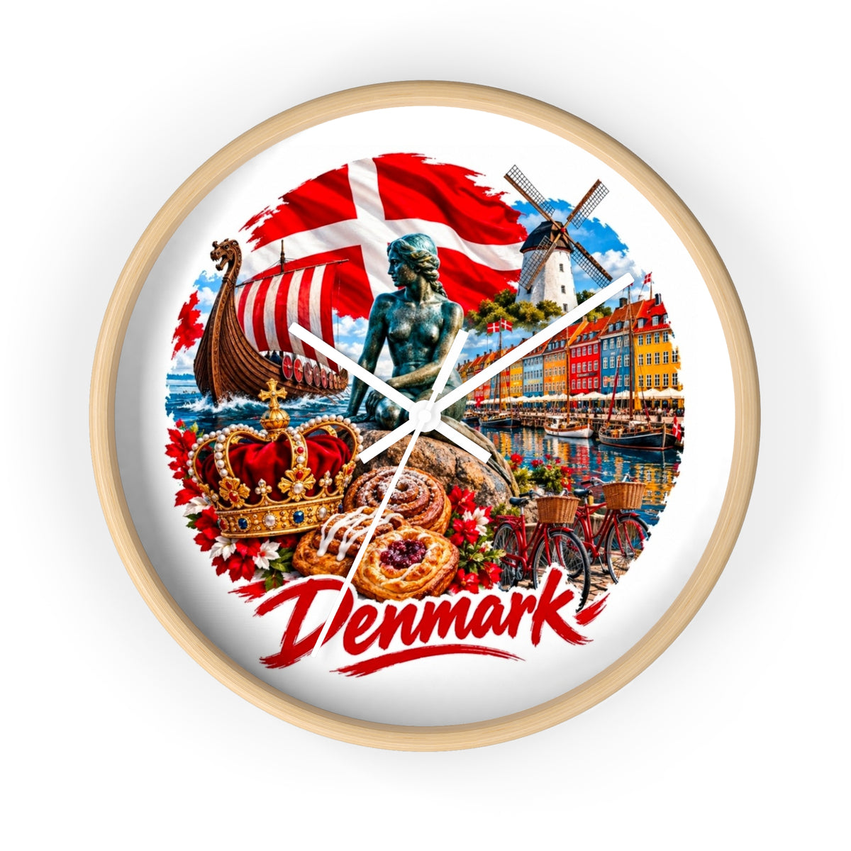 Denmark Wall Clock — Copenhagen Icons: Little Mermaid, Nyhavn, Viking Longship & Danish Pastries