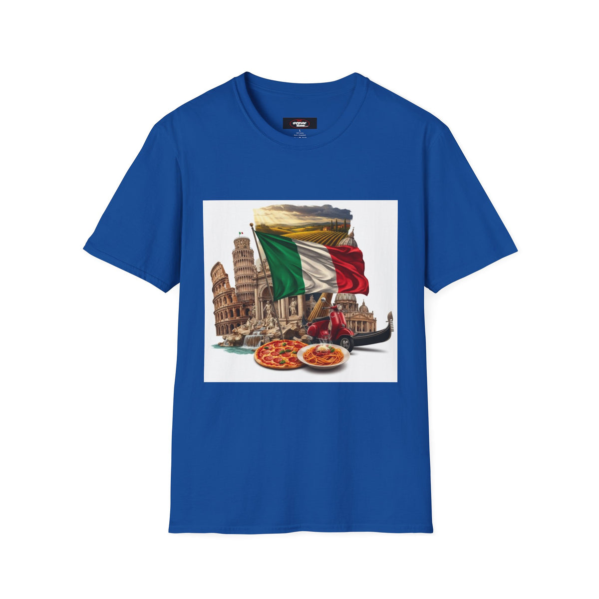 Italian Landmarks & Cuisine T-Shirt — Pizza, Colosseum & Flag Graphic