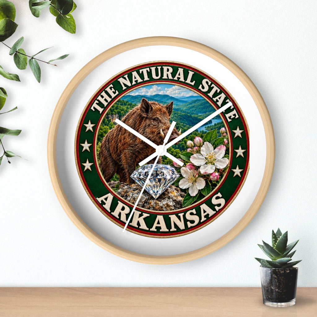 Arkansas State Seal Decorative Wall Clock — 'The Natural State' Bear, Diamond & Apple Blossom Design
