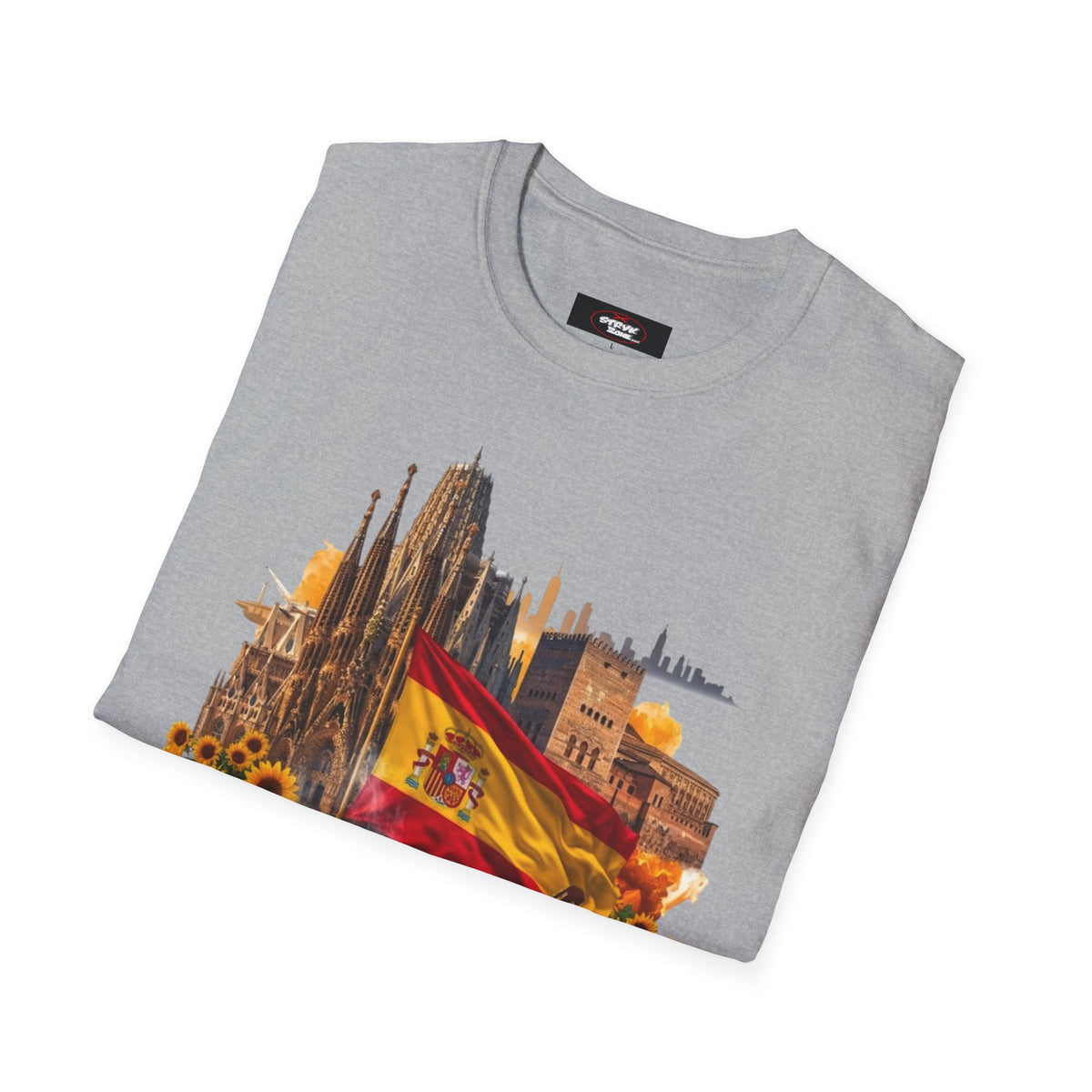 Spain Travel Collage T-Shirt — Paella, Guitar & Spanish Flag Graphic Tee