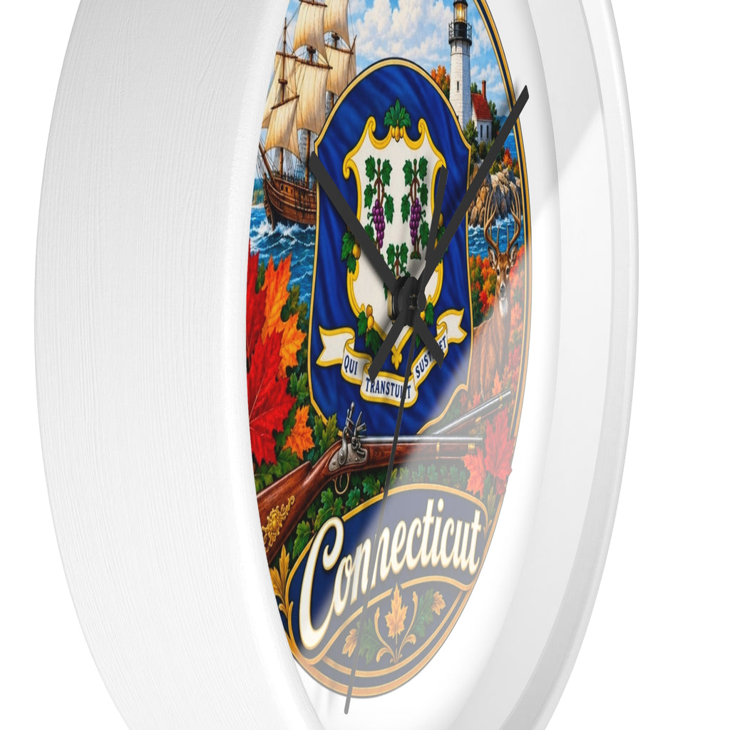 Connecticut State Emblem Wall Clock — Scenic Lighthouse, Ship & Maple Leaf Decor