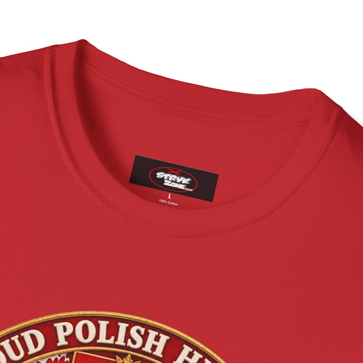 Poland Pride T-Shirt — "Proud Polish Heritage" Circle Crest with White Eagle and Floral Motif