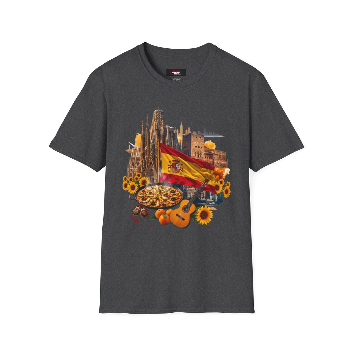 Spain Travel Collage T-Shirt — Paella, Guitar & Spanish Flag Graphic Tee