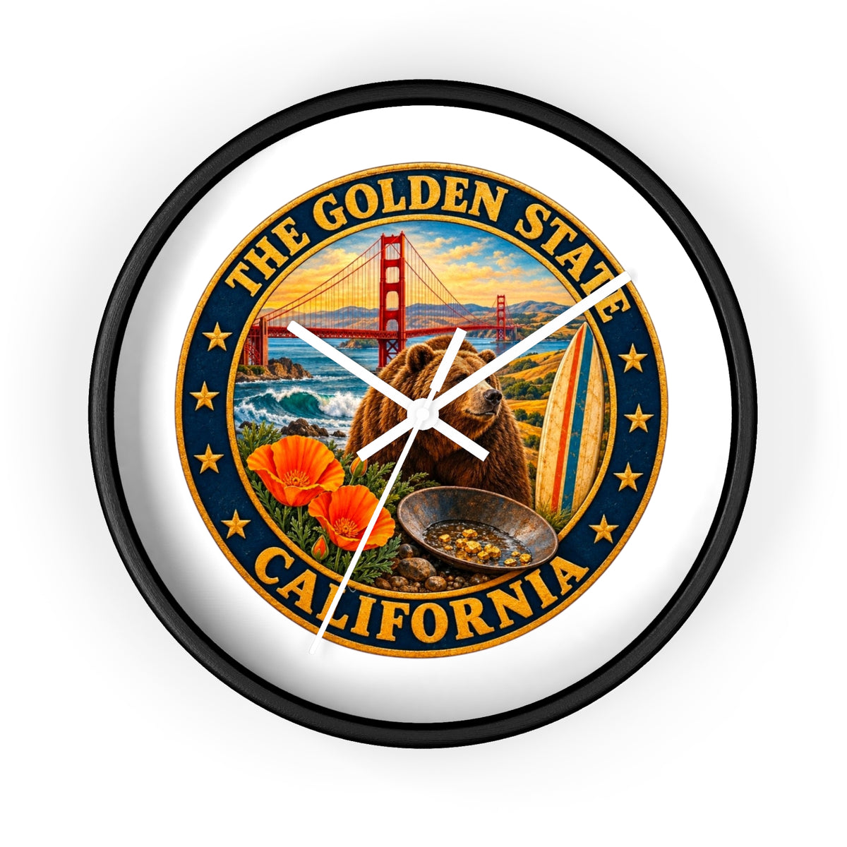 California Golden State Wall Clock — Golden Gate, Bear & Poppies Retro Travel Decor