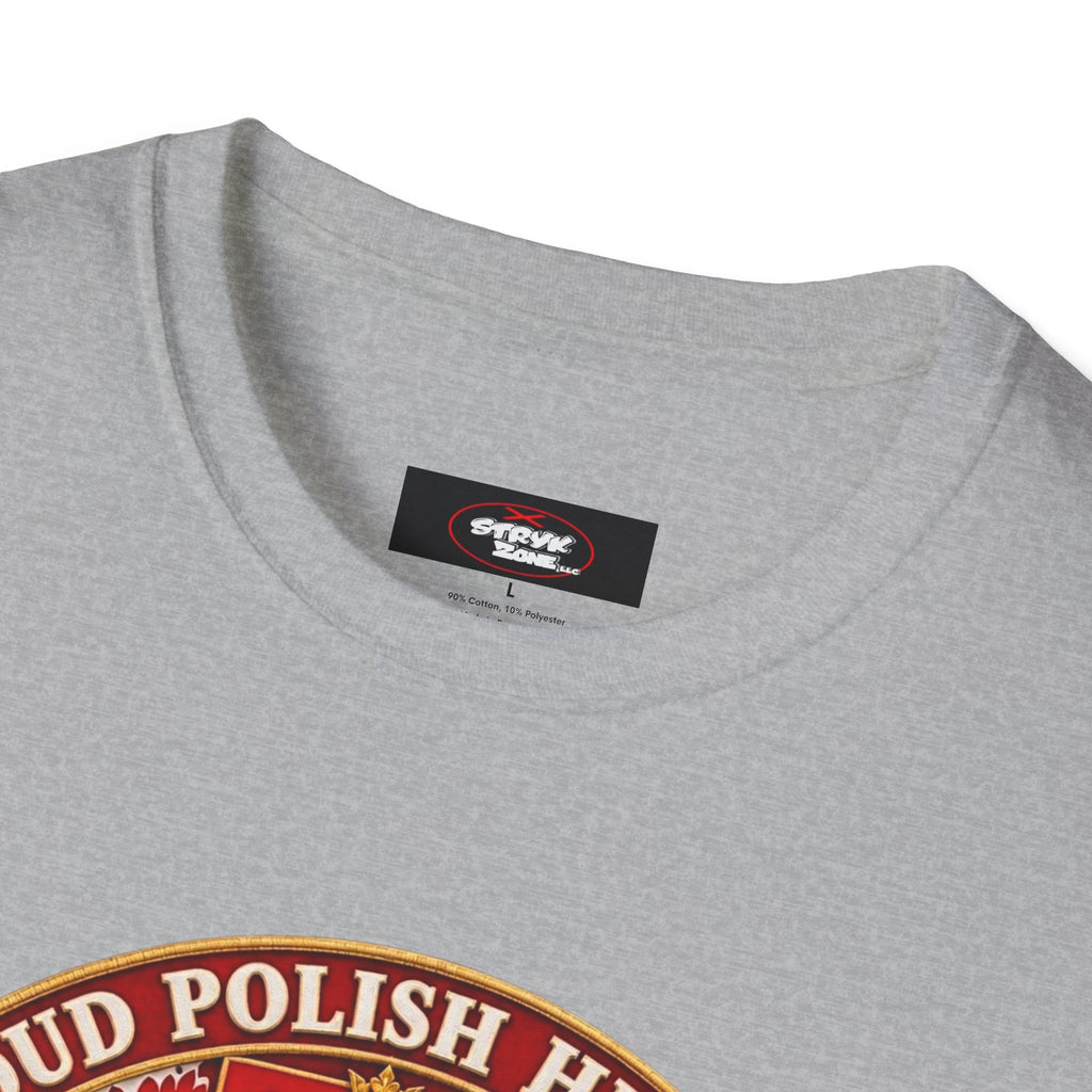 Poland Pride T-Shirt — "Proud Polish Heritage" Circle Crest with White Eagle and Floral Motif