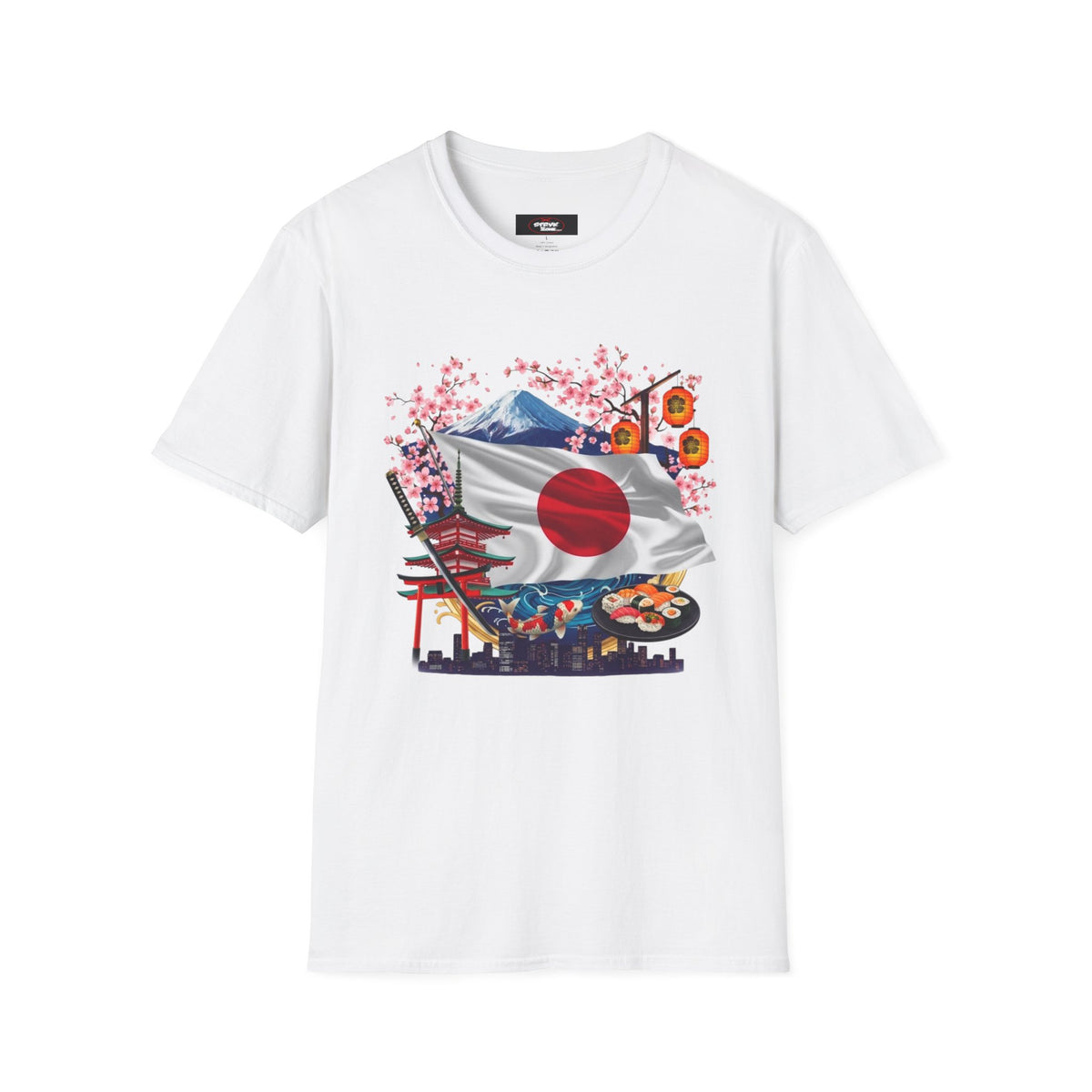 Japan Flag Scenic T-Shirt — Mount Fuji, Cherry Blossoms & Traditional Icons