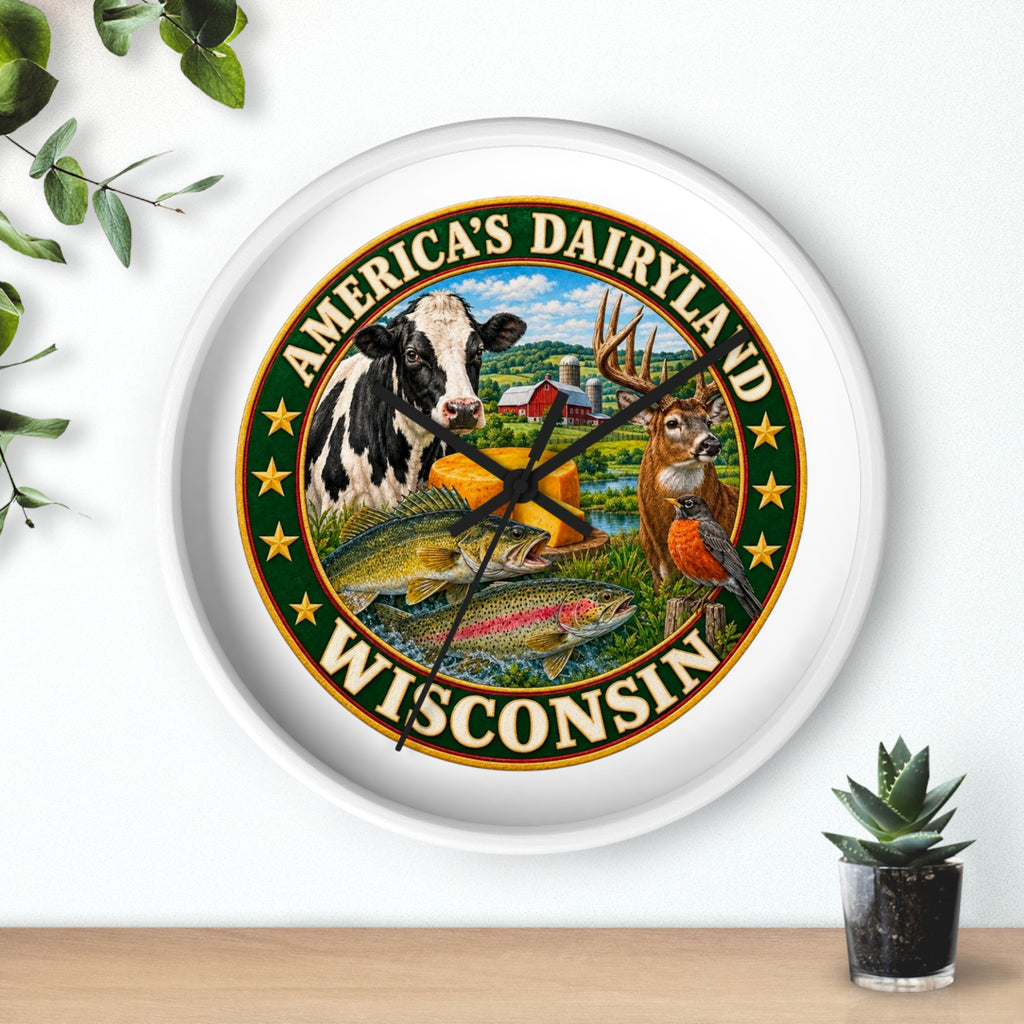 Wisconsin Wall Clock — "America's Dairyland" Rustic Farm & Wildlife Clock
