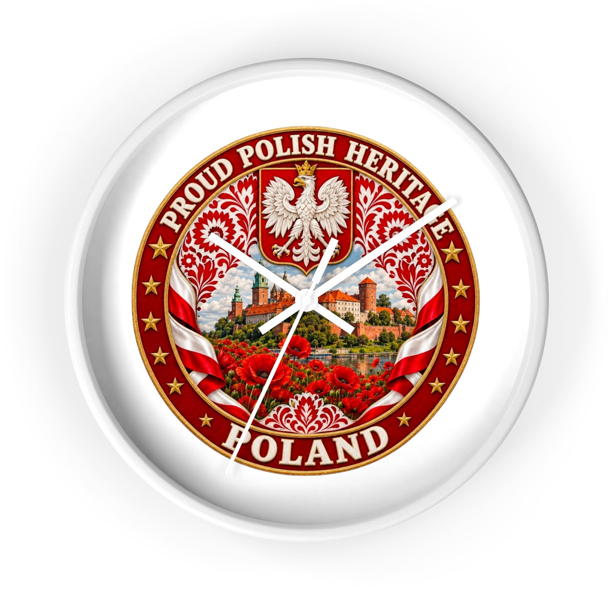 Poland Wall Clock — Proud Polish Heritage Design (Eagle, Castle & Poppies)