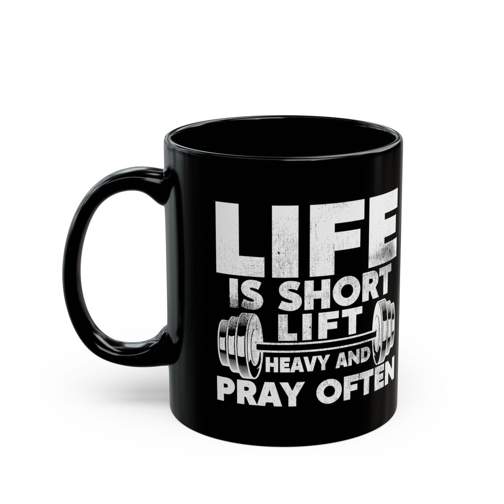 Striking barbell prayer design on a mug